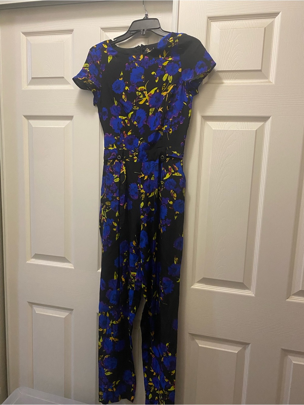 Yumi Kim Black Jumpsuit with Royal Blue and Yellow Floral Print